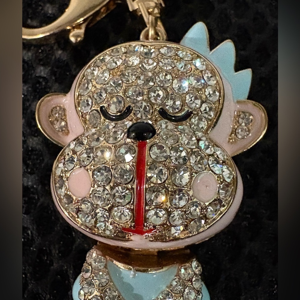 Betsey Johnson Inspired Sparkling Pink & Blue Monkey Rhinestone Keychain - Picture 6 of 8